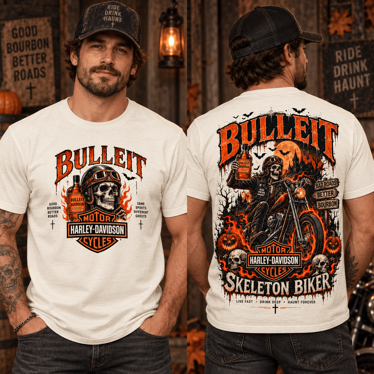 Bulleit Bourbon Harley-Davidson Skeleton Biker T-Shirt