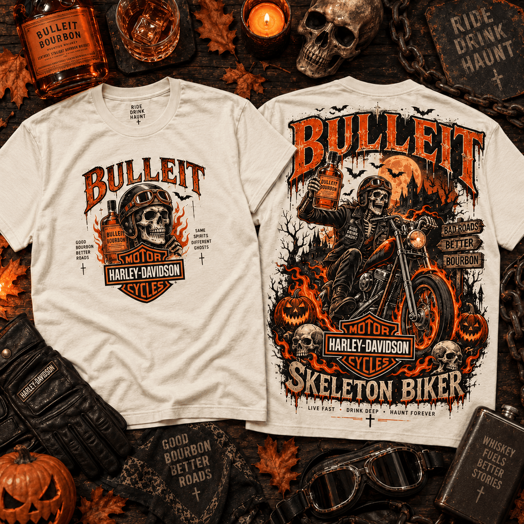 Bulleit Bourbon Harley-Davidson Skeleton Biker T-Shirt