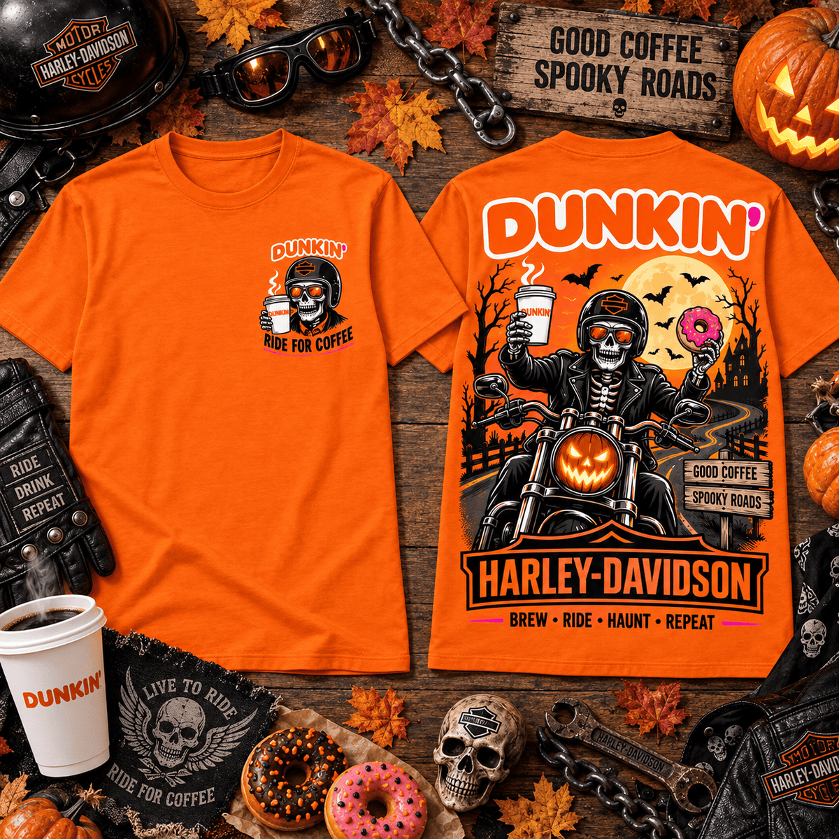 Harley-Davidson Dunkin Donuts Skeleton Biker Halloween T-Shirt