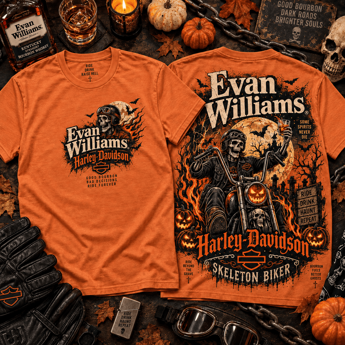 Evan Williams Harley-Davidson Skeleton Biker Orange T-Shirt