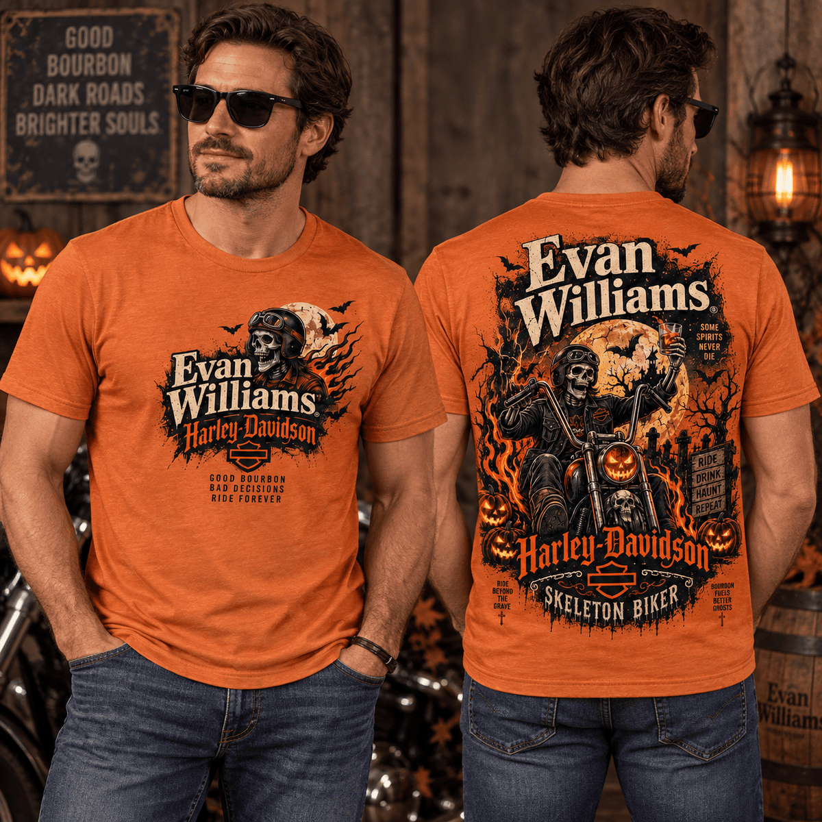 Evan Williams Harley-Davidson Skeleton Biker Orange T-Shirt