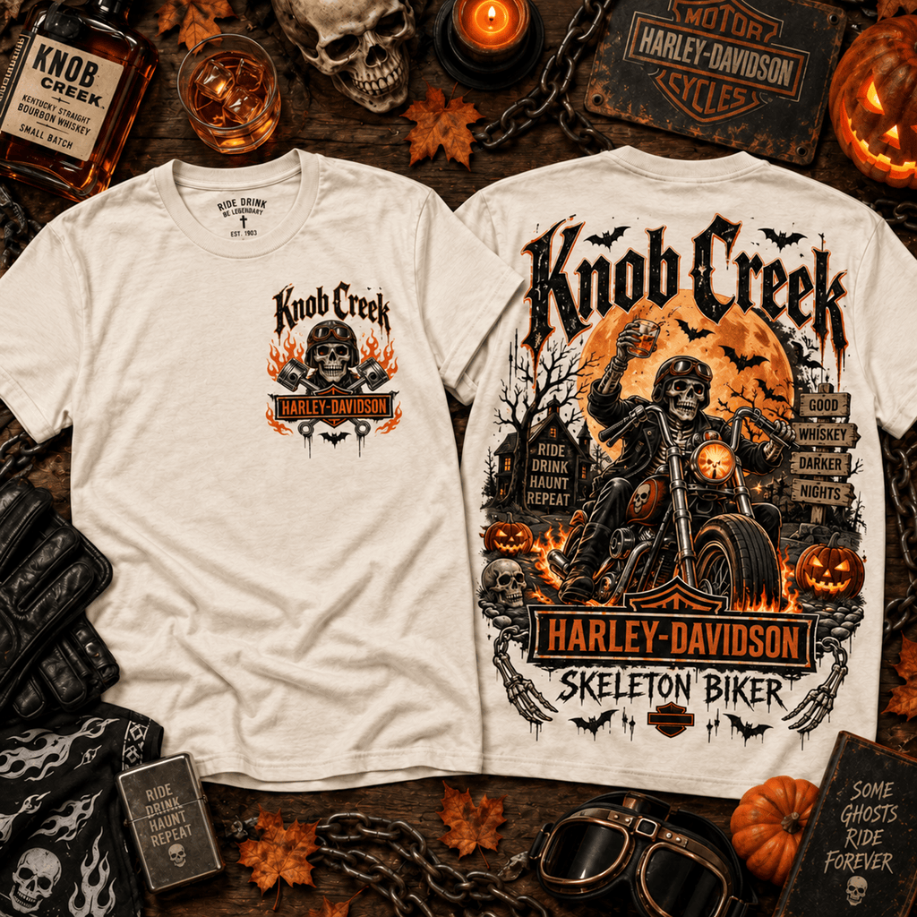 Knob Creek Harley-Davidson Skeleton Biker Halloween T-Shirt