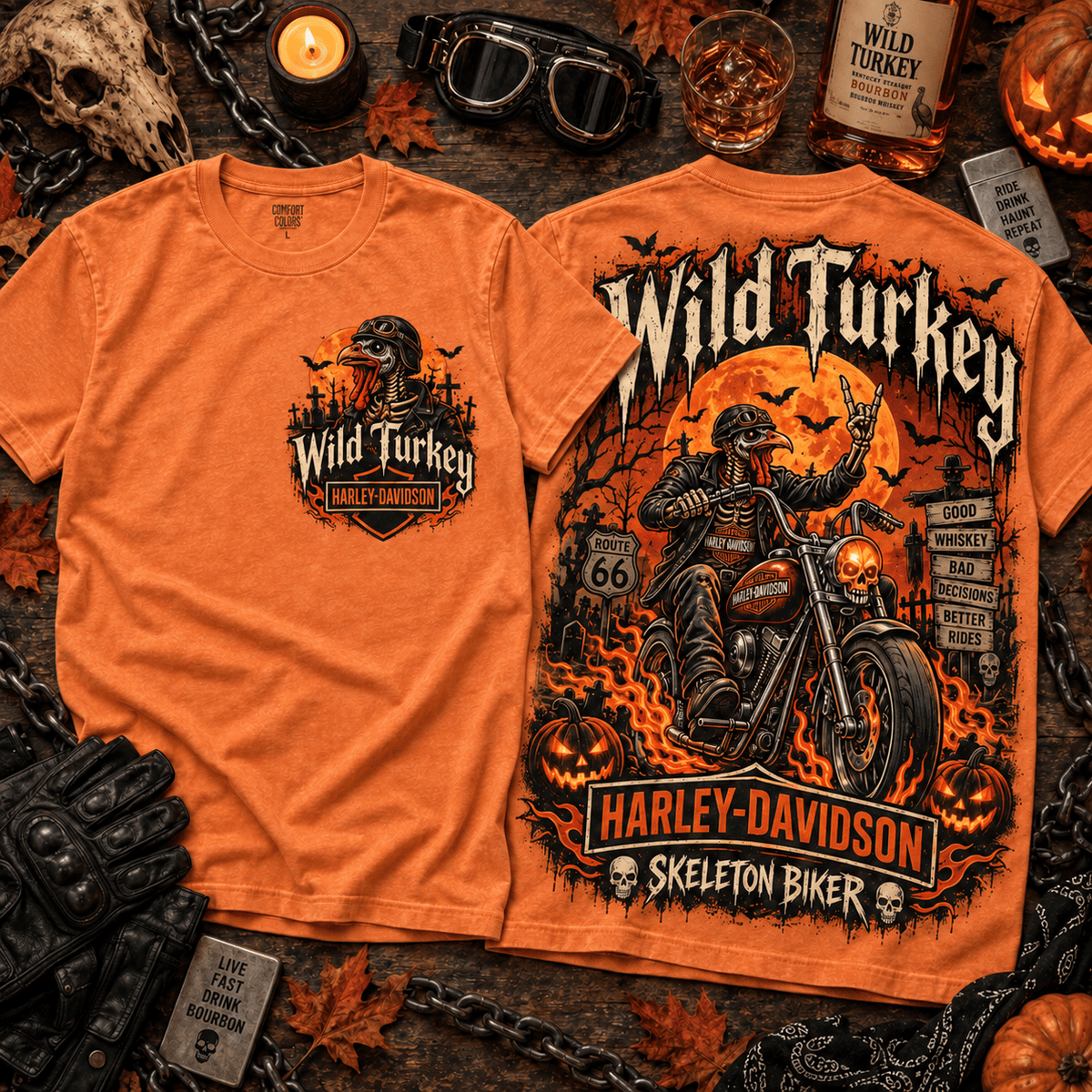 Wild Turkey Harley-Davidson Skeleton Biker Orange T-Shirt
