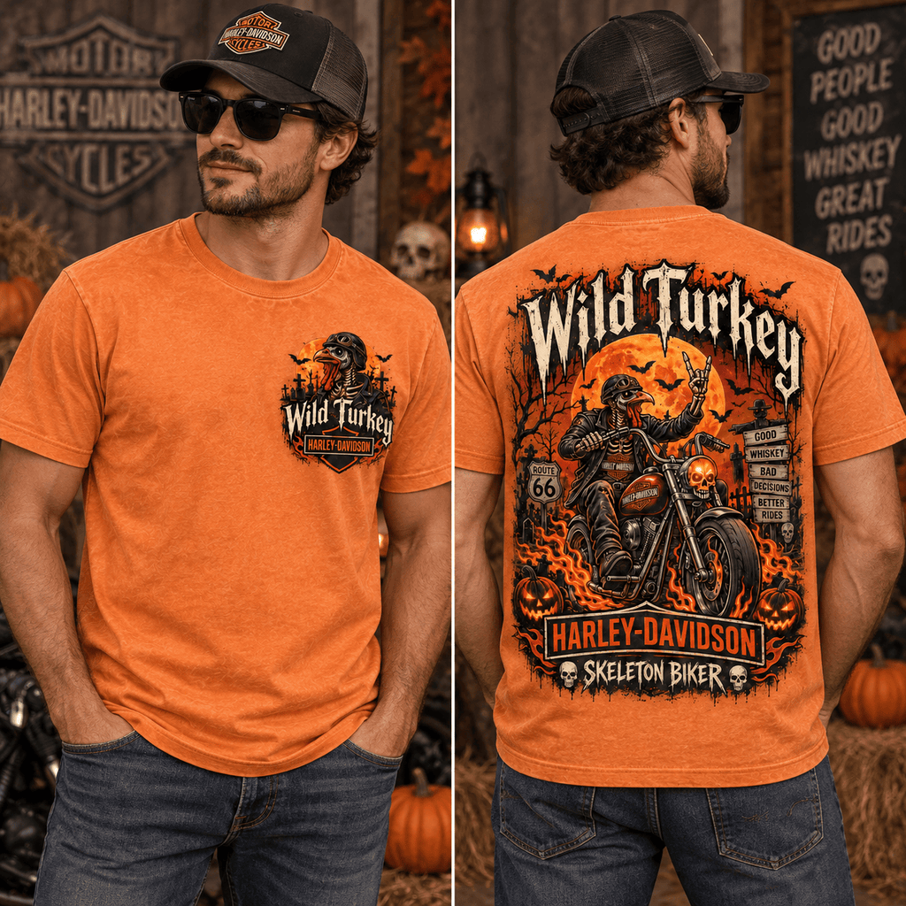 Wild Turkey Harley-Davidson Skeleton Biker Orange T-Shirt