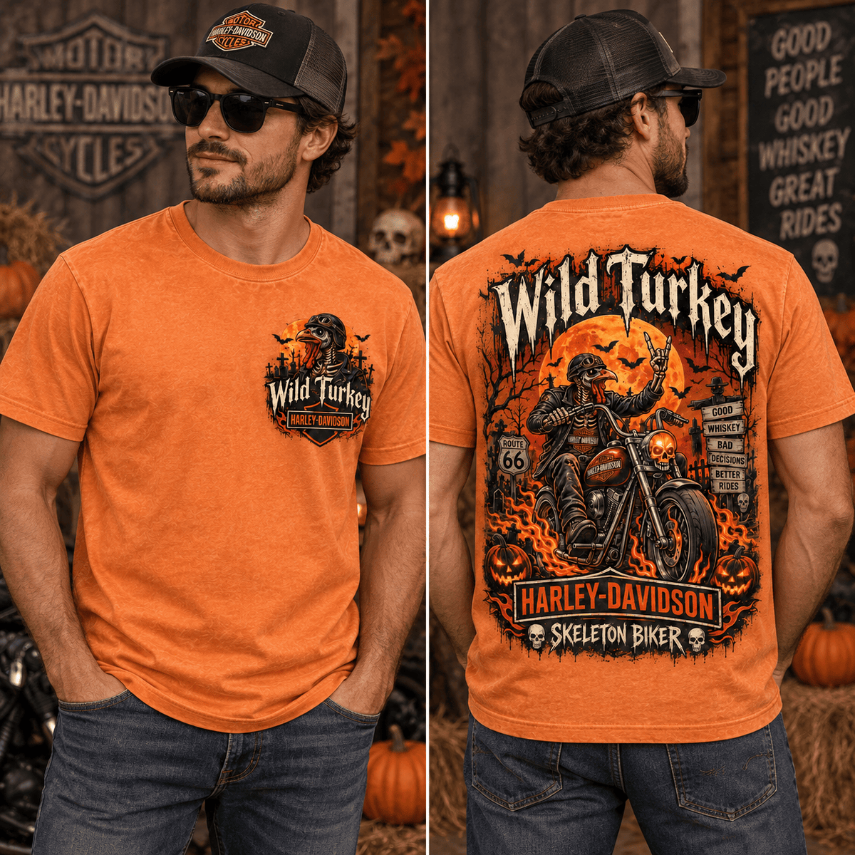 Wild Turkey Harley-Davidson Skeleton Biker Orange T-Shirt