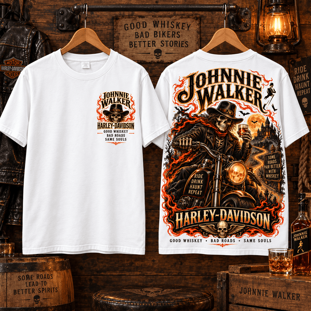 Johnnie Walker Harley Davidson Flaming Skull T-Shirt