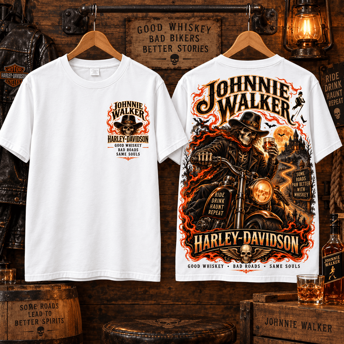Johnnie Walker Harley Davidson Flaming Skull T-Shirt