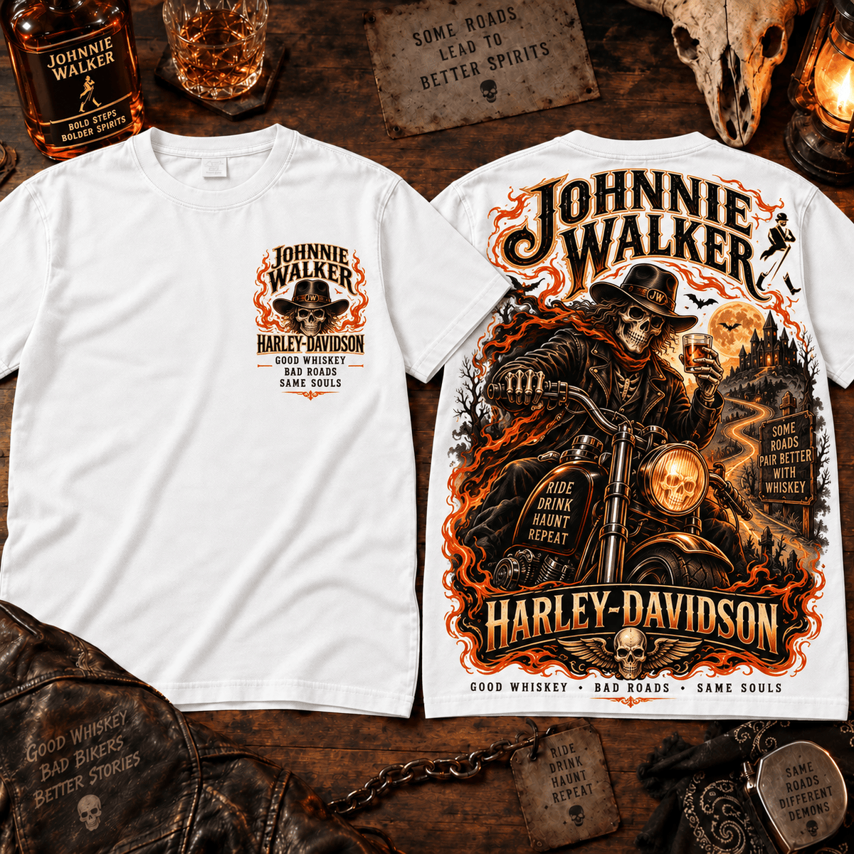Johnnie Walker Harley Davidson Flaming Skull T-Shirt
