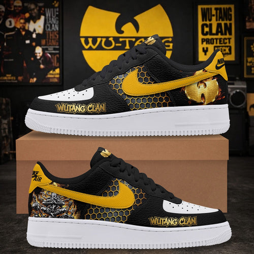 Wu Tang Clan Hip Hop Custom Air Force 1 Shoes, Black & Yellow Honeycomb Graphic Sneakers, Music Air Force 1 Shoes