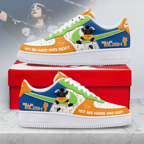 Billie Eilish Hit Me Hard And Soft Blue & Orange Pop Music Graphic Custom Air Force 1 Shoes, Music Air Force 1 Shoes