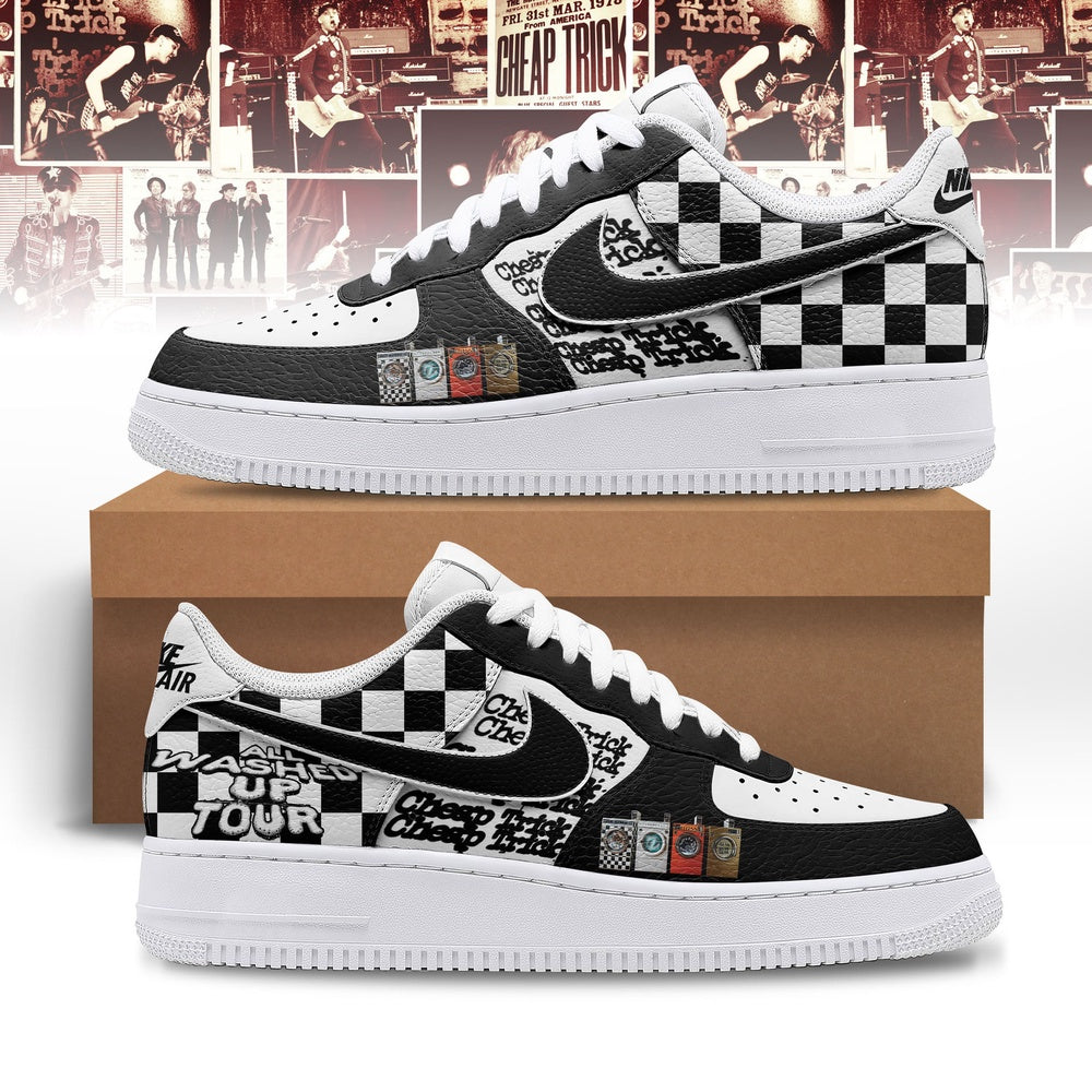 Cheap Trick All Washed Up Tour Black & White Checkerboard Rock Graphic Custom Air Force 1 Shoes, Music Air Force 1 Shoes