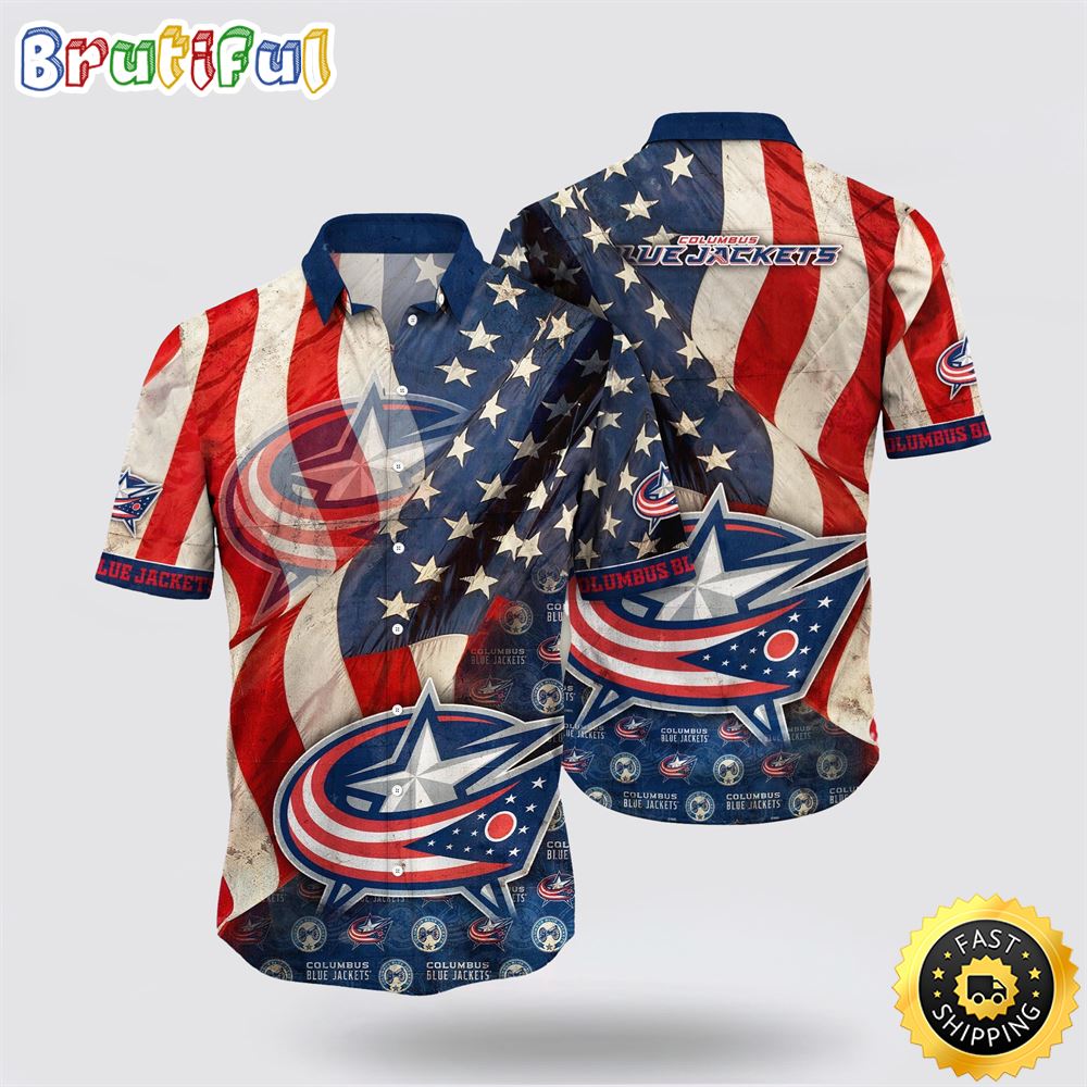 NHL Columbus Blue Jackets Hawaiian Shirt With American Flag Pattern Summer Hawaiian Shirt