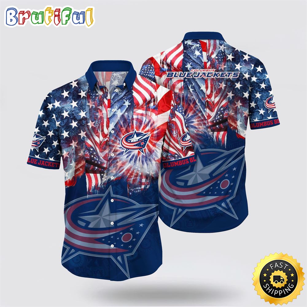 NHL Columbus Blue Jackets Hawaiian Shirt With American Independence Day Pattern Summer Hawaiian Shirt