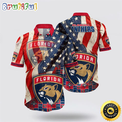 NHL Florida Panthers Hawaiian Shirt With American Flag Pattern Summer Hawaiian Shirt