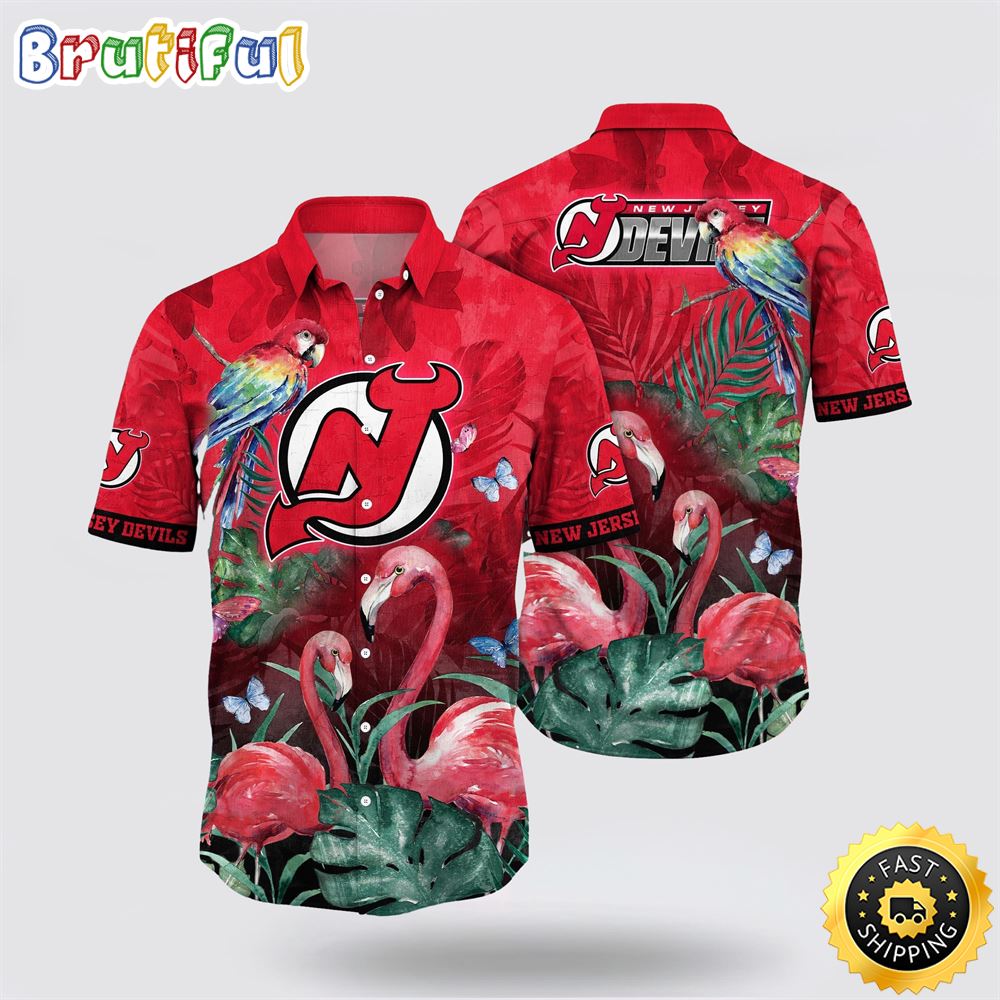 NHL New Jersey Devils Hawaiian Shirt Tropical Parrot And Flamingo Motifs Summer Hawaiian Shirt