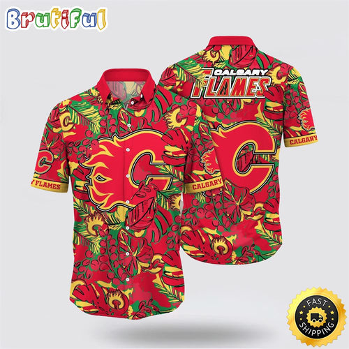 NHL Calgary Flames Hawaiian Shirt Tropical Leaf Pattern Summer Hawaiian Shirt