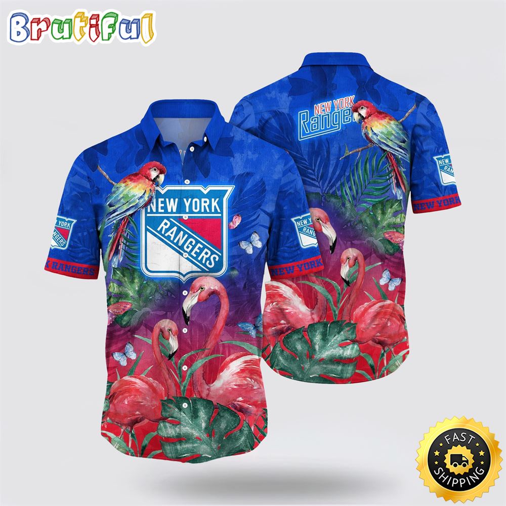 NHL New York Rangers Hawaiian Shirt Tropical Parrot And Flamingo Motifs Summer Hawaiian Shirt