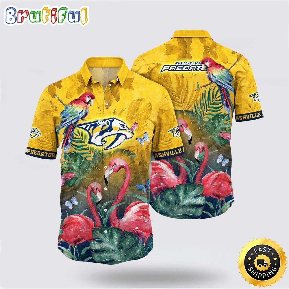 NHL Nashville Predators Hawaiian Shirt Tropical Parrot And Flamingo Motifs Summer Hawaiian Shirt