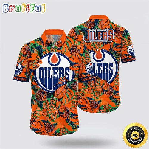 NHL Edmonton Oilers Hawaiian Shirt Tropical Leaf Pattern Summer Hawaiian Shirt