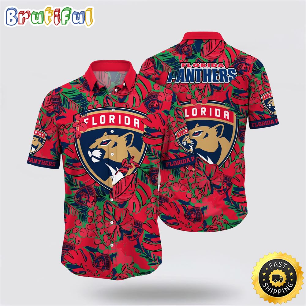 NHL Florida Panthers Hawaiian Shirt Tropical Leaf Pattern Summer Hawaiian Shirt