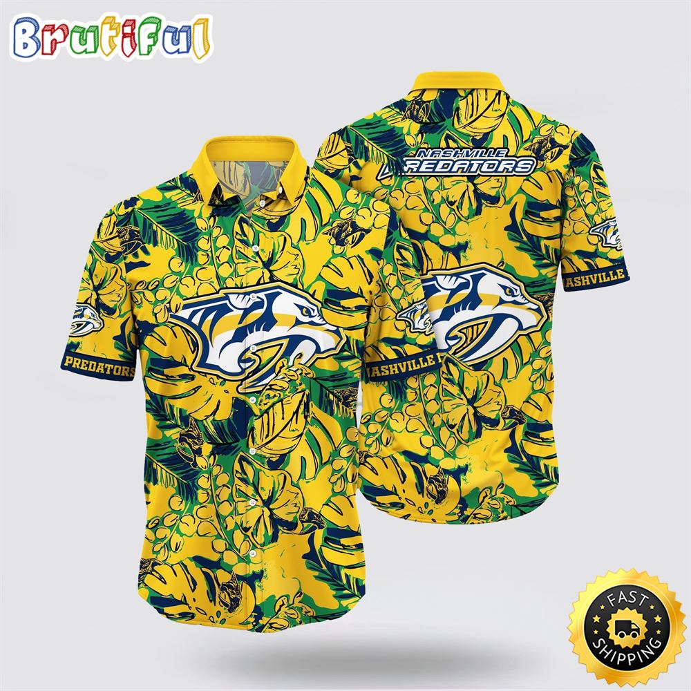 NHL Nashville Predators Hawaiian Shirt Tropical Leaf Pattern Summer Hawaiian Shirt