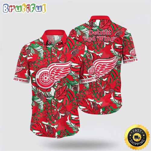 NHL Detroit Red Wings Hawaiian Shirt Tropical Leaf Pattern Summer Hawaiian Shirt
