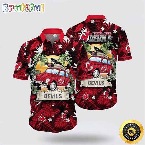 NHL New Jersey Devils Hawaiian Shirt Tropical Forest Motif Car Traveling Summer Hawaiian Shirt