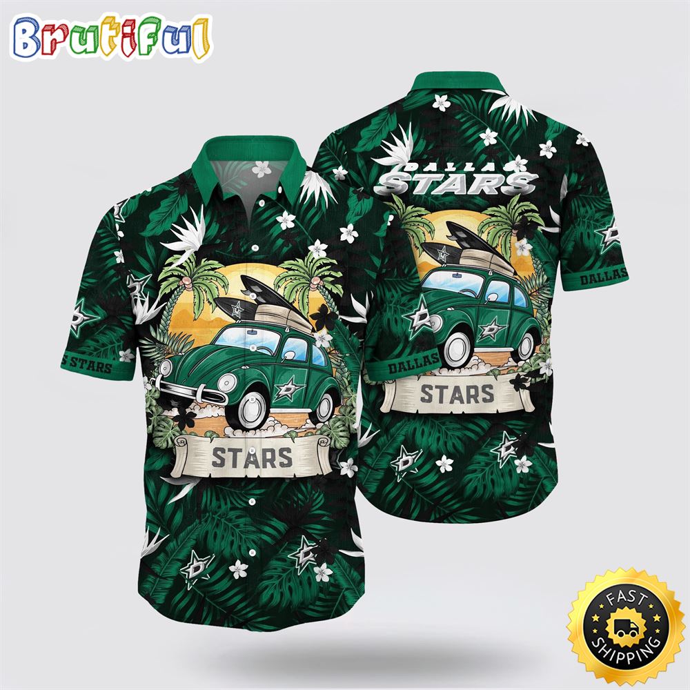 NHL Dallas Stars Hawaiian Shirt Tropical Forest Motif Car Traveling Summer Hawaiian Shirt