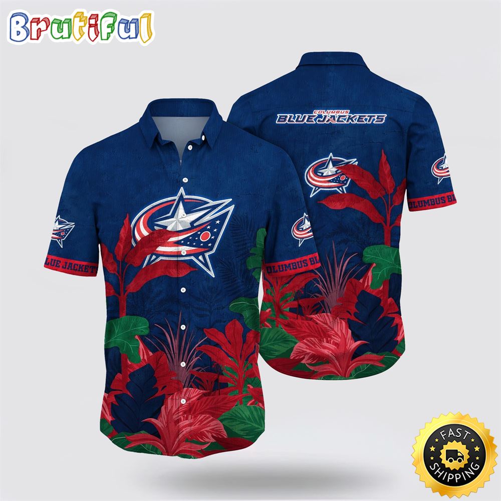 NHL Columbus Blue Jackets Hawaiian Shirt Tropical Forest Motifs Summer Hawaiian Shirt