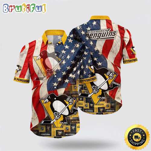 NHL Pittsburgh Penguins Hawaiian Shirt With American Flag Pattern Summer Hawaiian Shirt