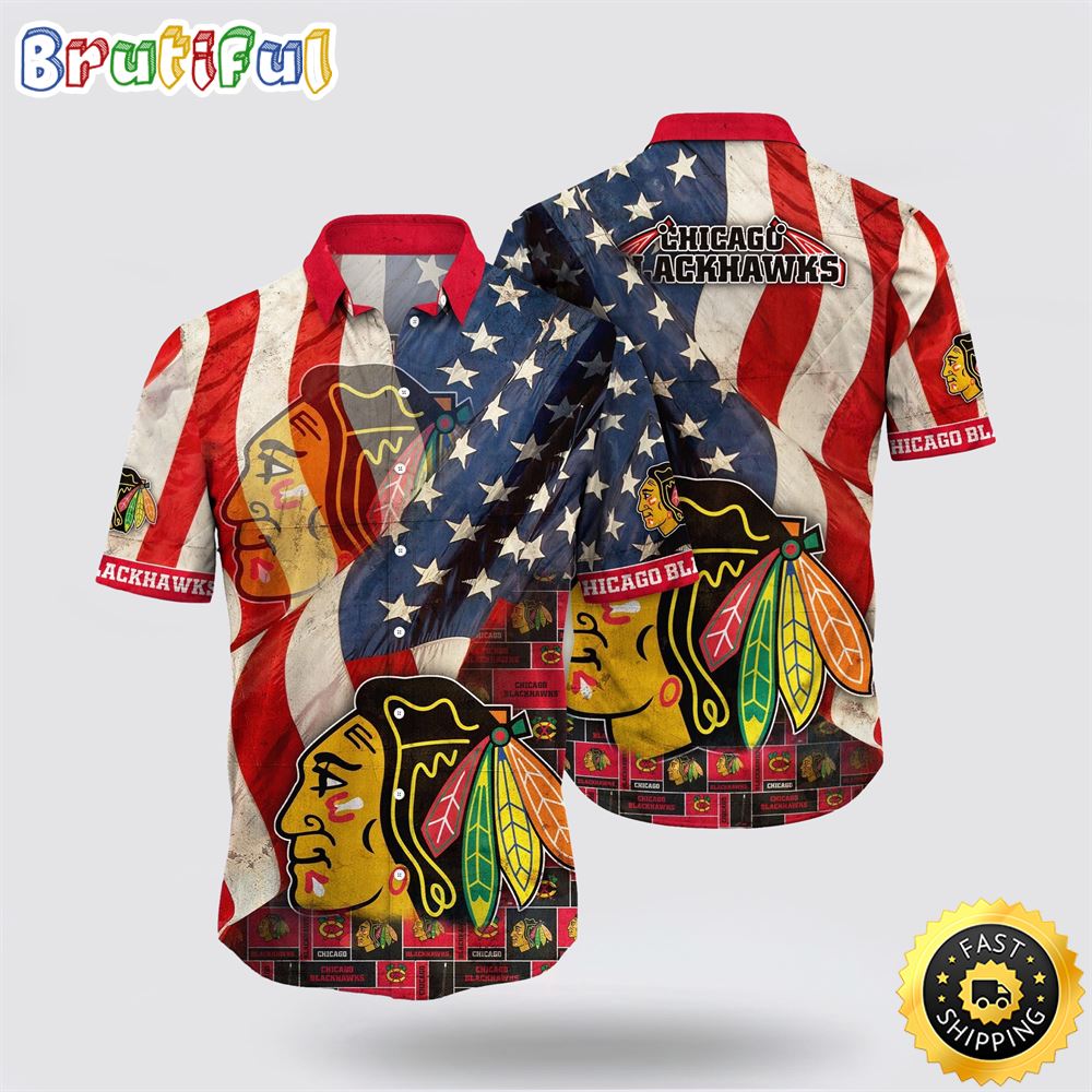NHL Chicago Blackhawks Hawaiian Shirt With American Flag Pattern Summer Hawaiian Shirt