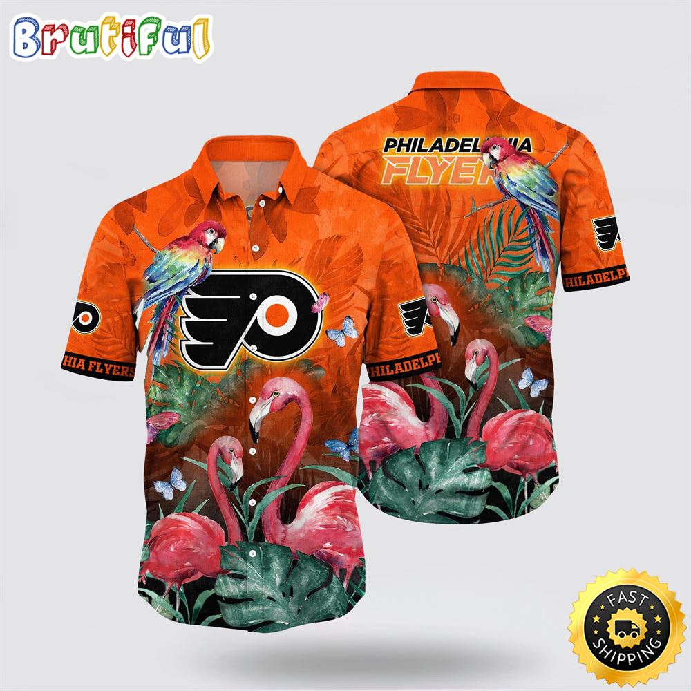 NHL Philadelphia Flyers Hawaiian Shirt Tropical Parrot And Flamingo Motifs Summer Hawaiian Shirt
