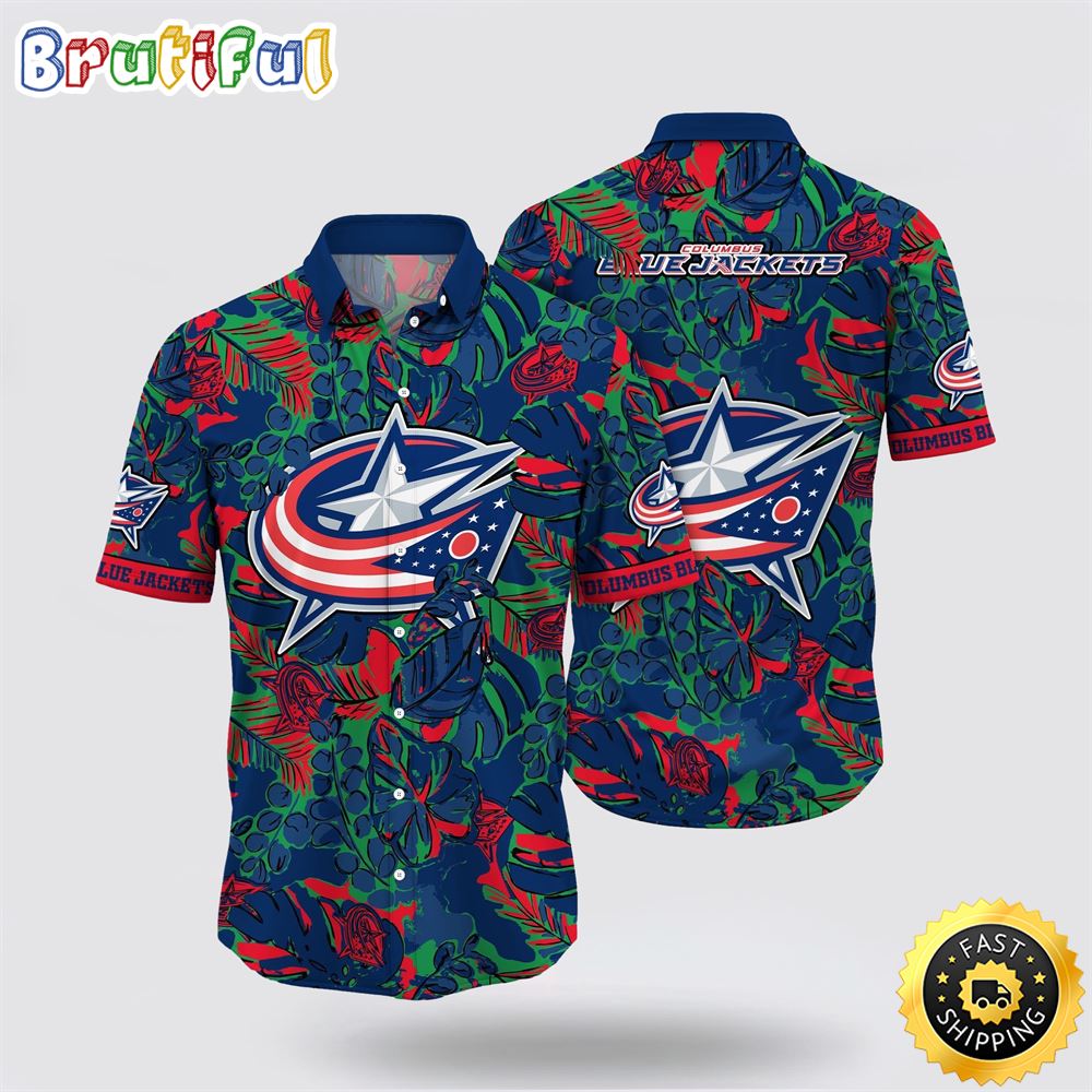 NHL Columbus Blue Jackets Hawaiian Shirt Tropical Leaf Pattern Summer Hawaiian Shirt