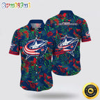 NHL Columbus Blue Jackets Hawaiian Shirt Tropical Leaf Pattern Summer Hawaiian Shirt