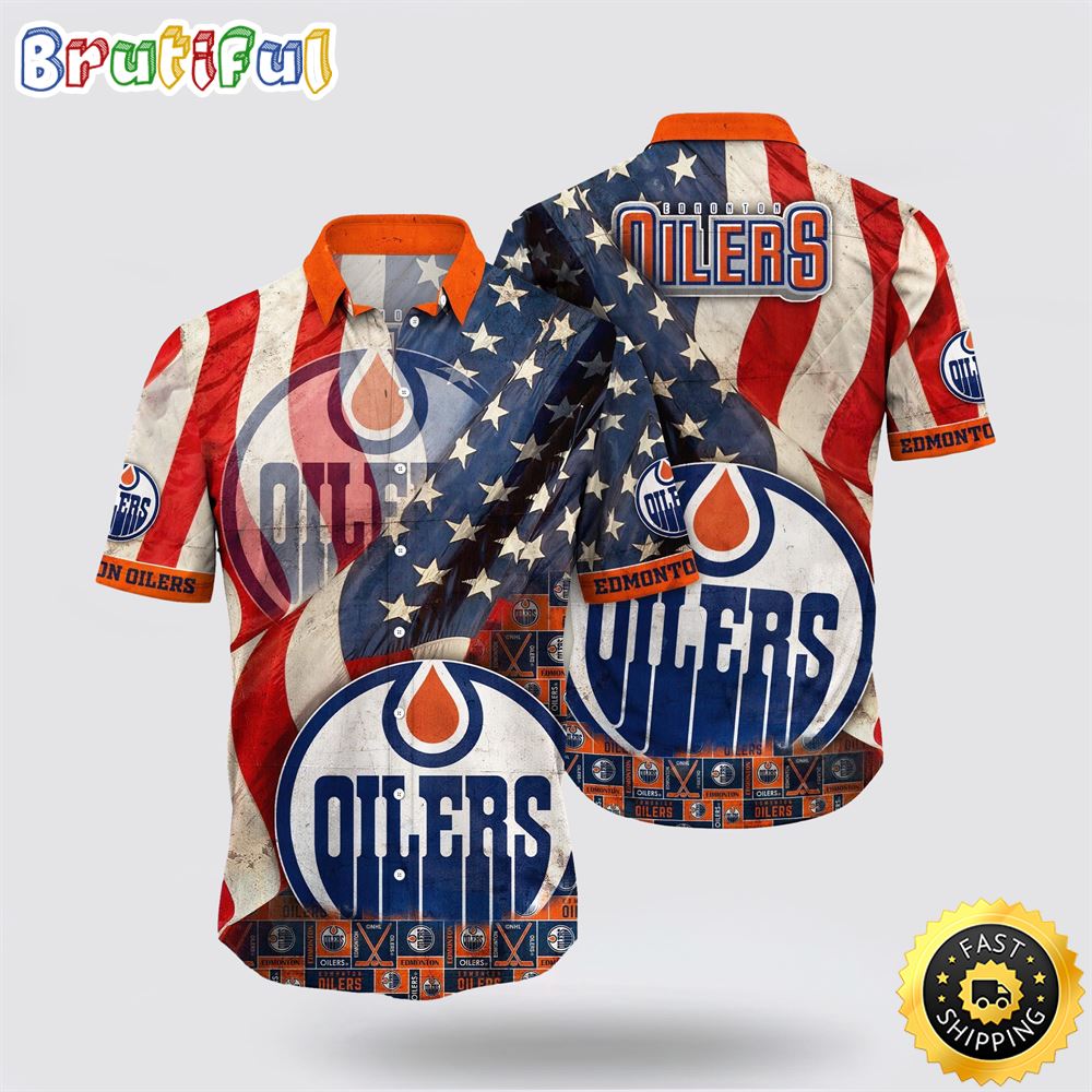 NHL Edmonton Oilers Hawaiian Shirt With American Flag Pattern Summer Hawaiian Shirt