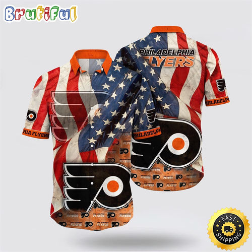 NHL Philadelphia Flyers Hawaiian Shirt With American Flag Pattern Summer Hawaiian Shirt