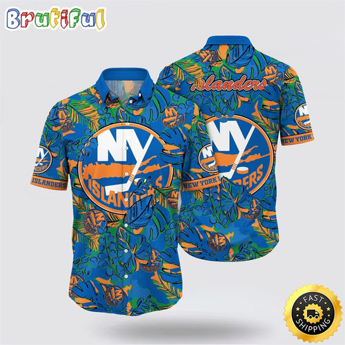 NHL New York Islanders Hawaiian Shirt Tropical Leaf Pattern Summer Hawaiian Shirt