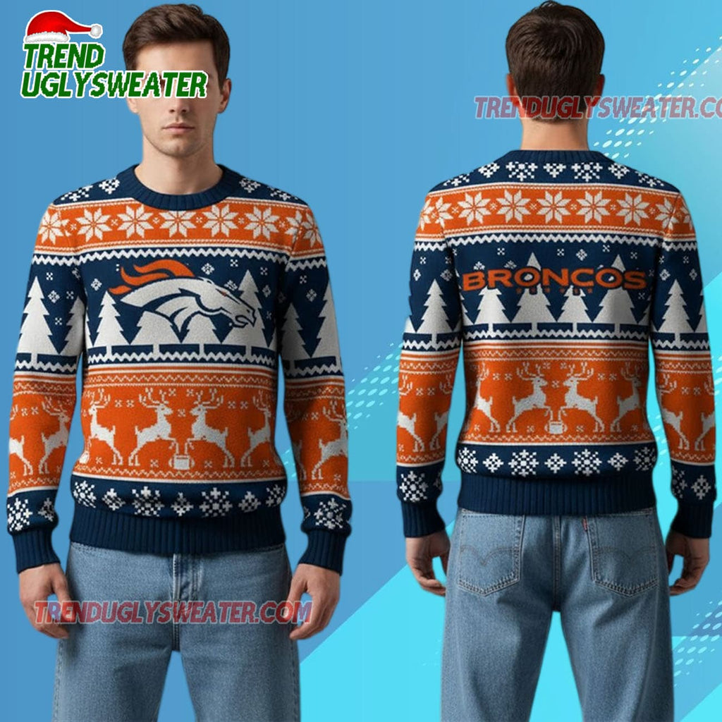 Nfl 2025 Broncos Reindeer Football Christmas Ugly Sweater