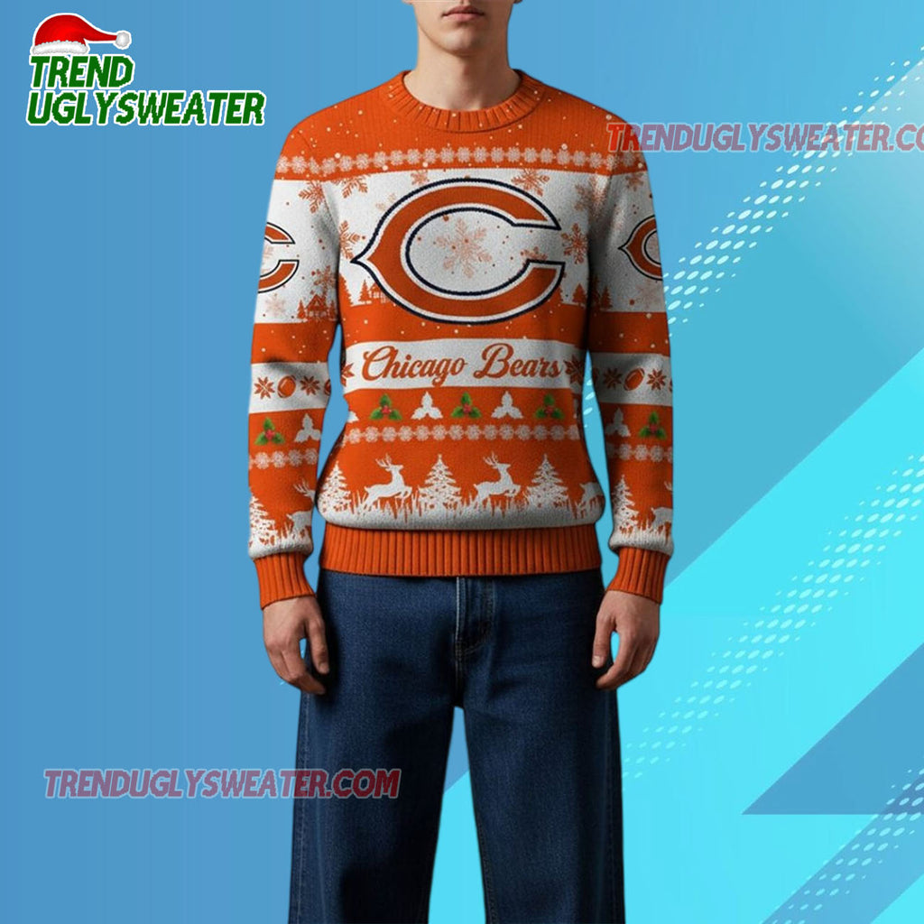 Nfl 2025 Christmas Bears Festive Reindeer Tree Ugly Sweater