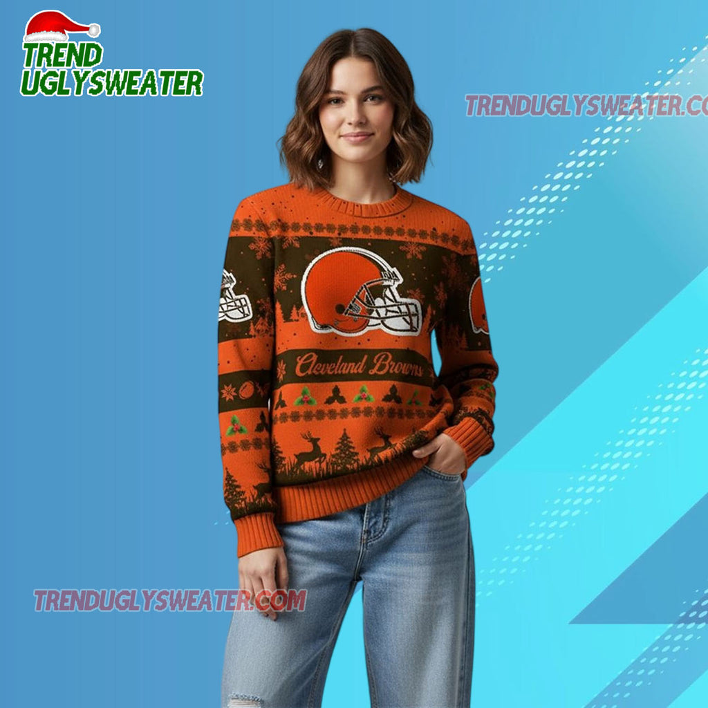 Nfl 2025 Christmas Browns Festive Reindeer Tree Ugly Sweater