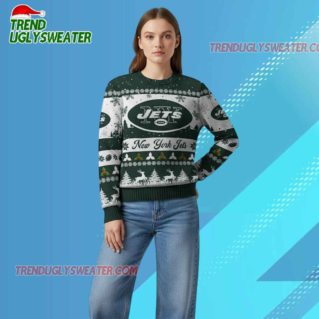 Nfl 2025 Christmas Ny Jets Festive Reindeer Tree Ugly Sweater