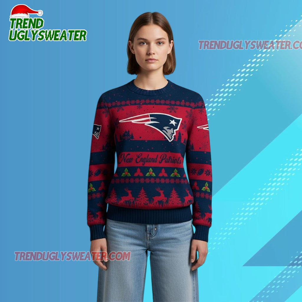 Nfl 2025 Christmas Patriots Festive Reindeer Tree Ugly Sweater