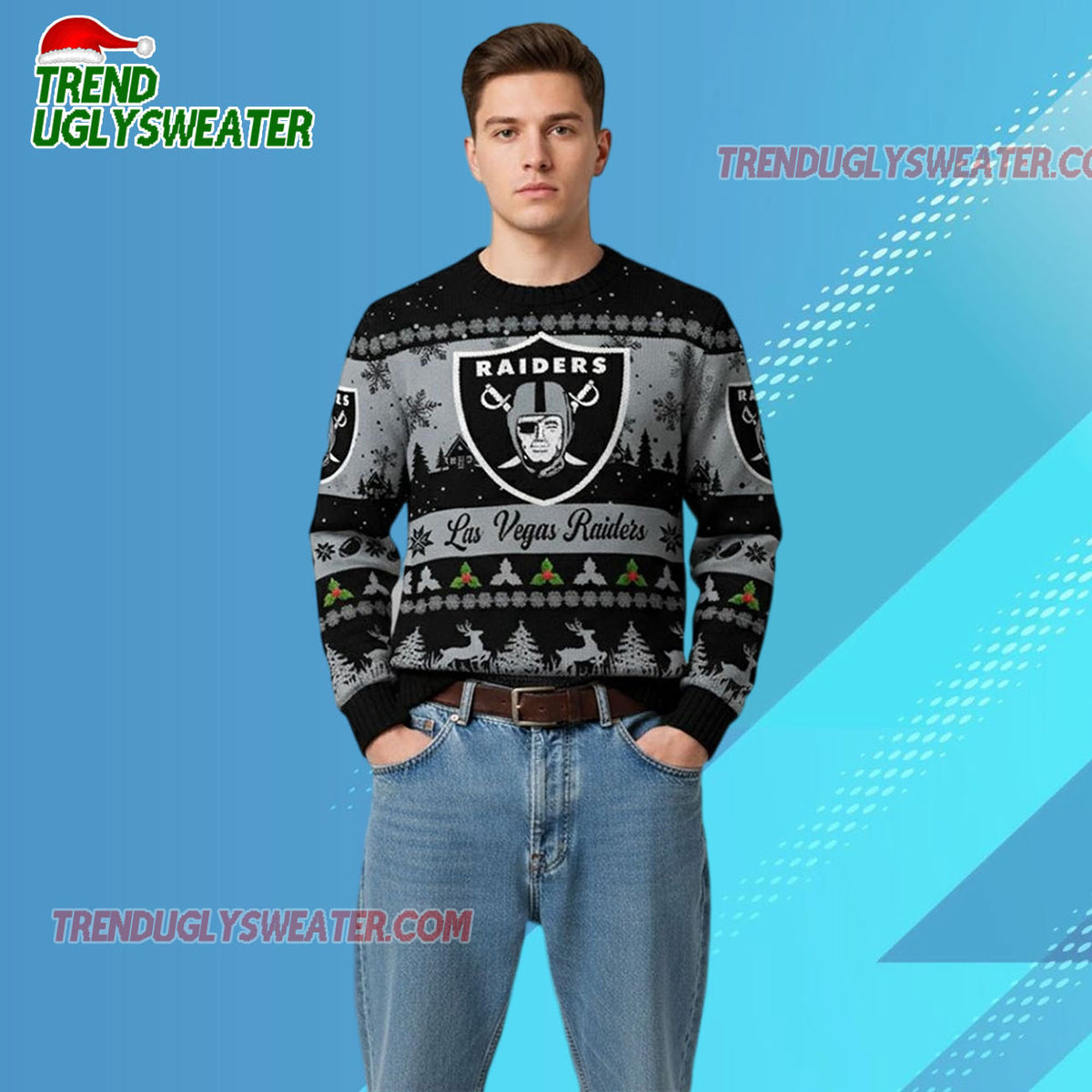 Nfl 2025 Christmas Raiders Festive Reindeer Tree Ugly Sweater