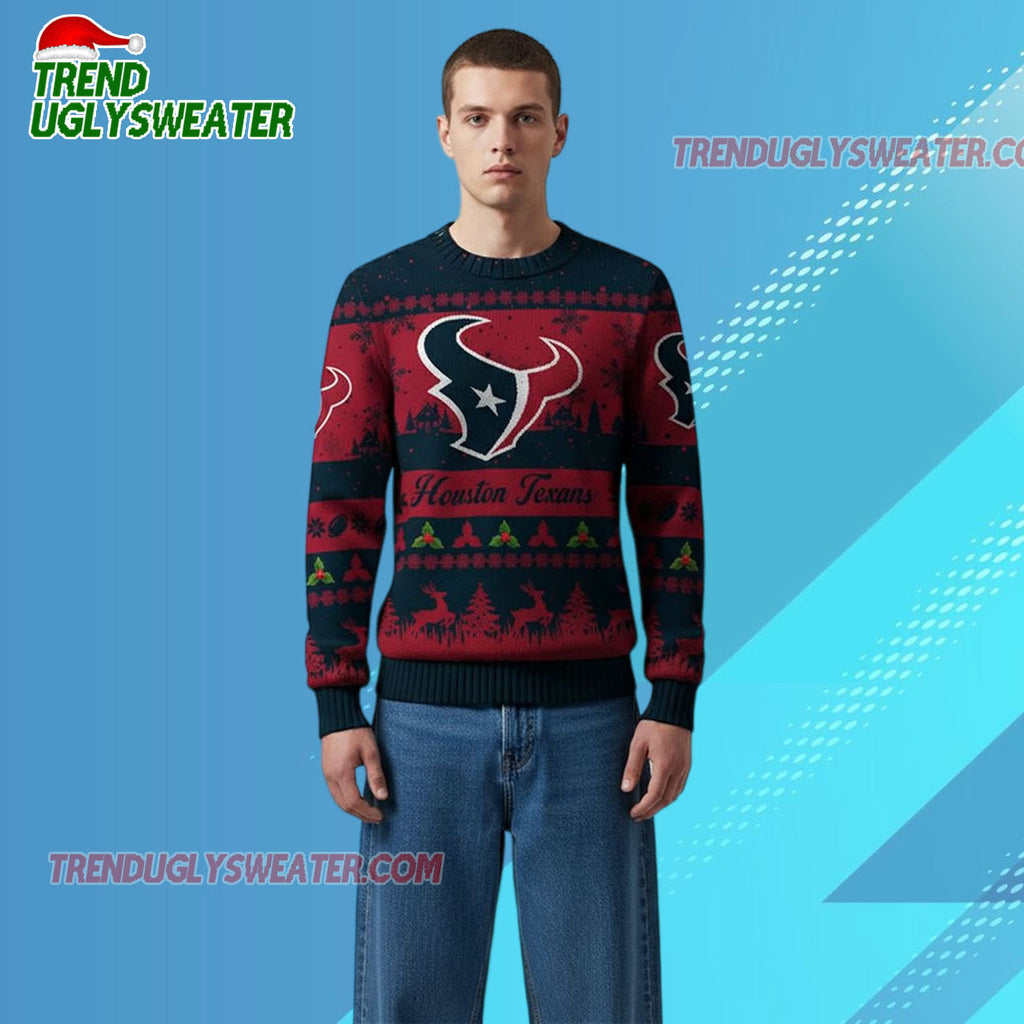 Nfl 2025 Christmas Texans Festive Reindeer Tree Ugly Sweater