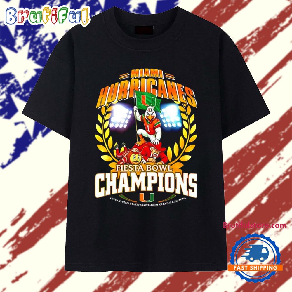 2025-26 CFP Fiesta Bowl Champions Miami Hurricanes mascot T Shirt