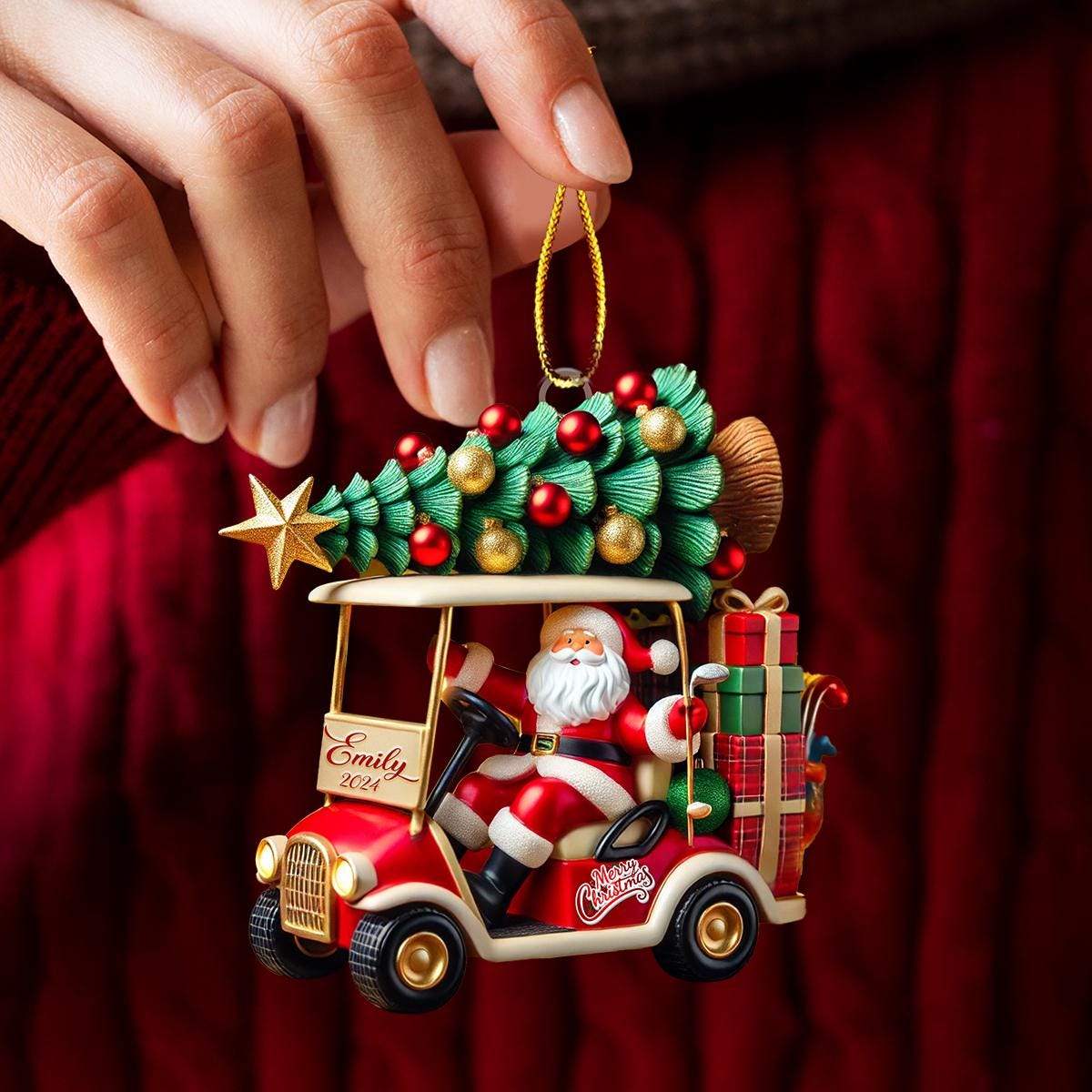 Golf Cart Santa Christmas - Personalized Custom Shaped Acrylic Ornament - Christmas Gift For Golfers, Golf Lovers