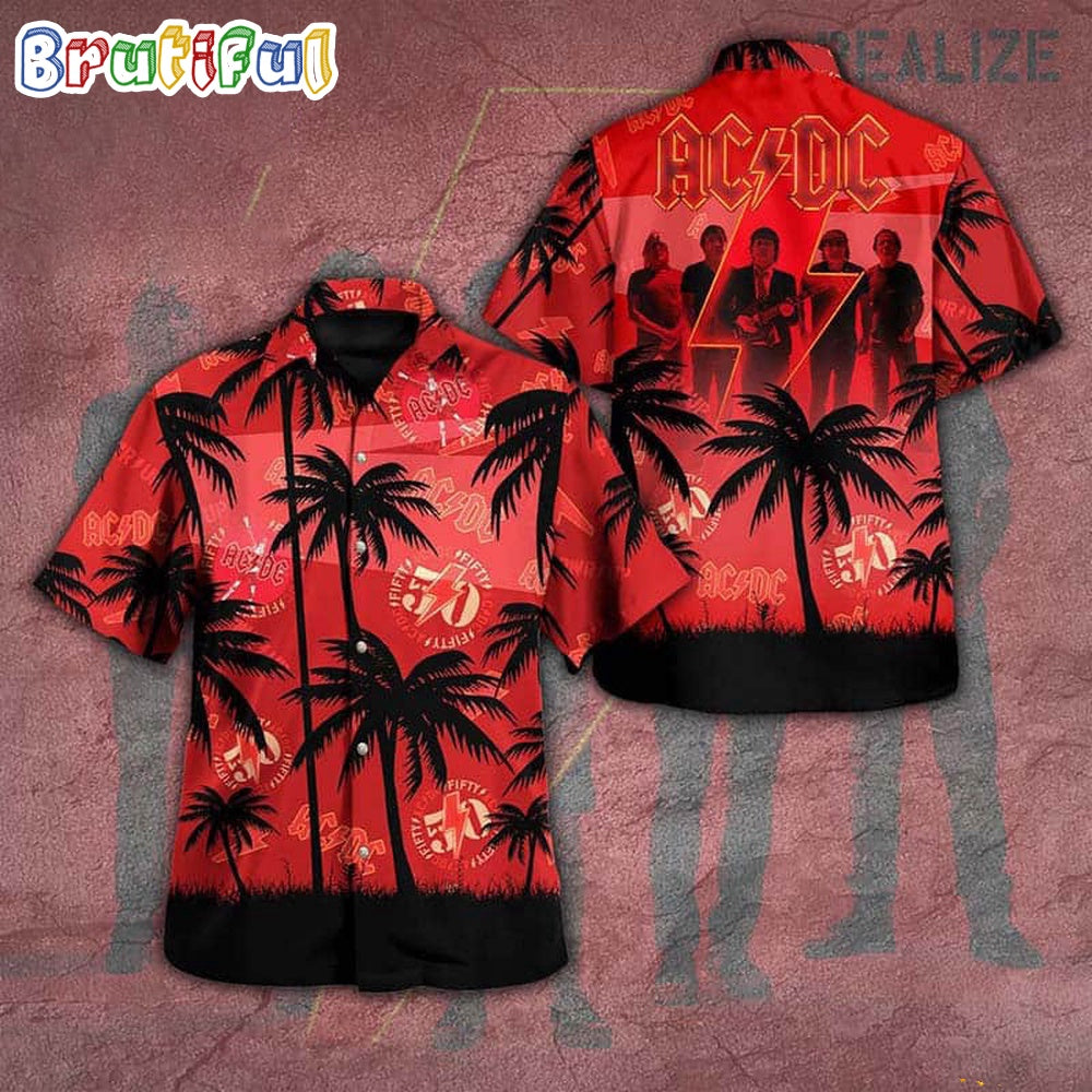 ACDC Fifty Logo And Palm Tree 2024 Hawaiian Shirt, ACDC Music Band Aloha Shirt