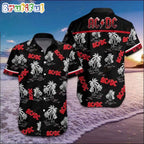 ACDC Logo And White Palm Pattern 2024 Hawaiian Shirt, ACDC Music Band Aloha Shirt