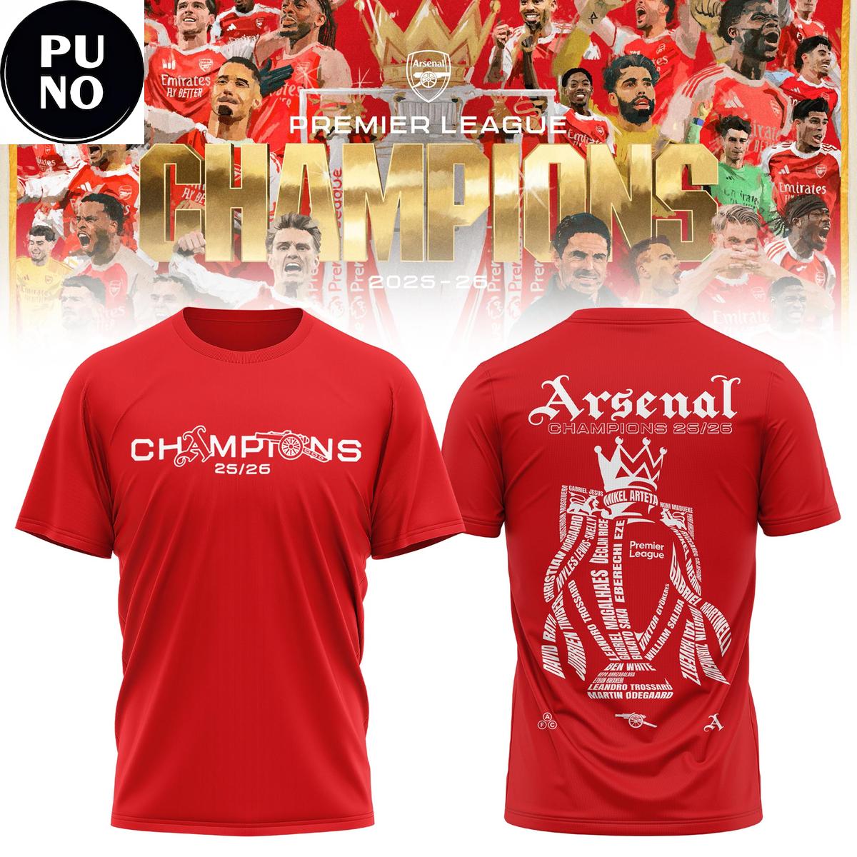 Arsenal FC Premier League Champions 2026 Red Crew Hoodie T-Shirt
