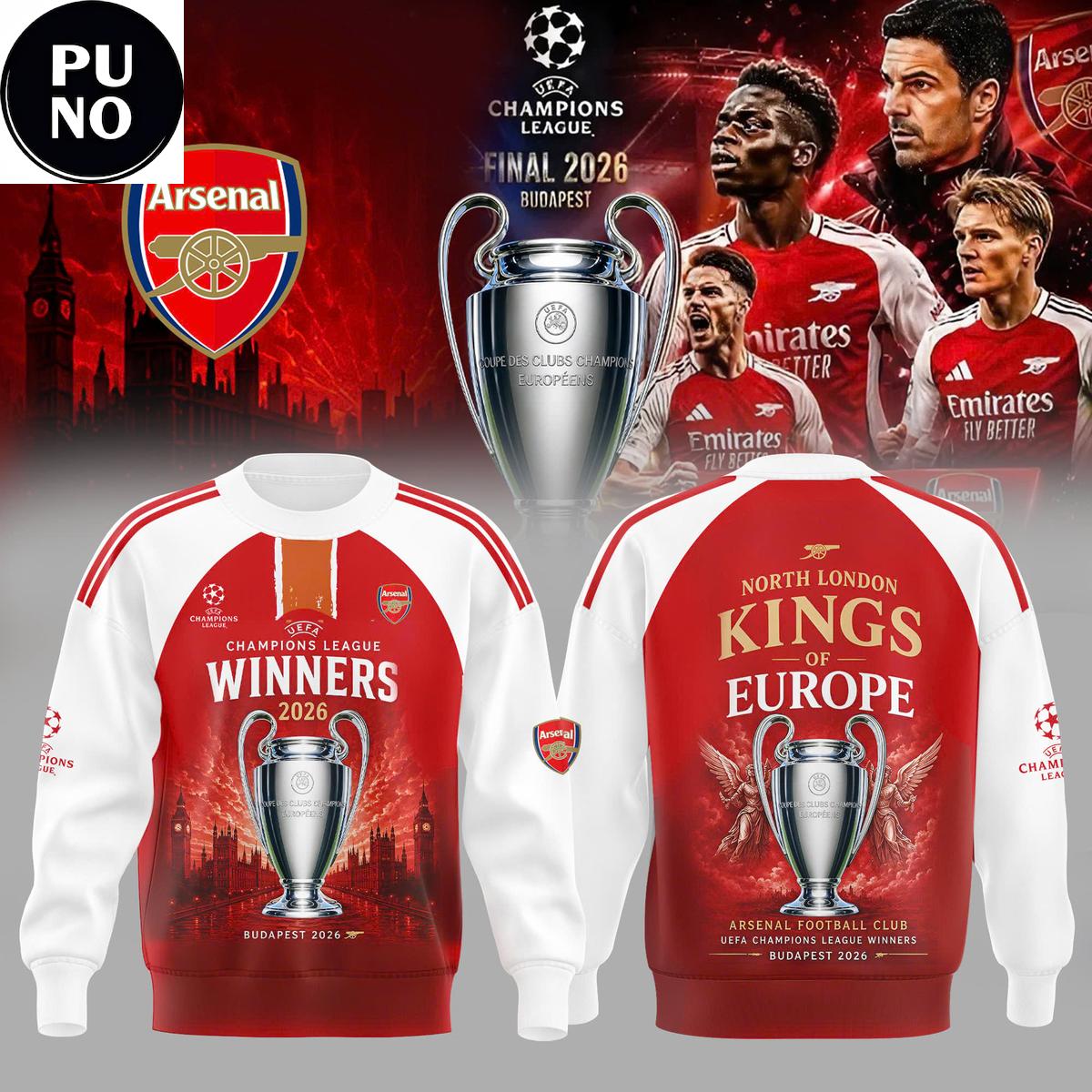 Arsenal FC UEFA Champion League Winners 2026 Kings of Europe Hoodie T-Shirt